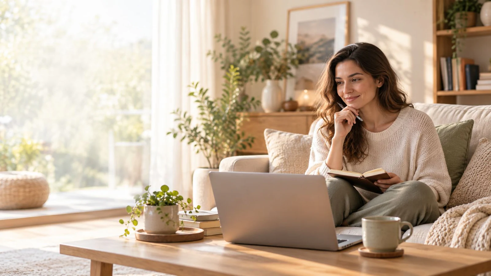 Une femme prépare sa consultation chez elle avec son ordinateur.