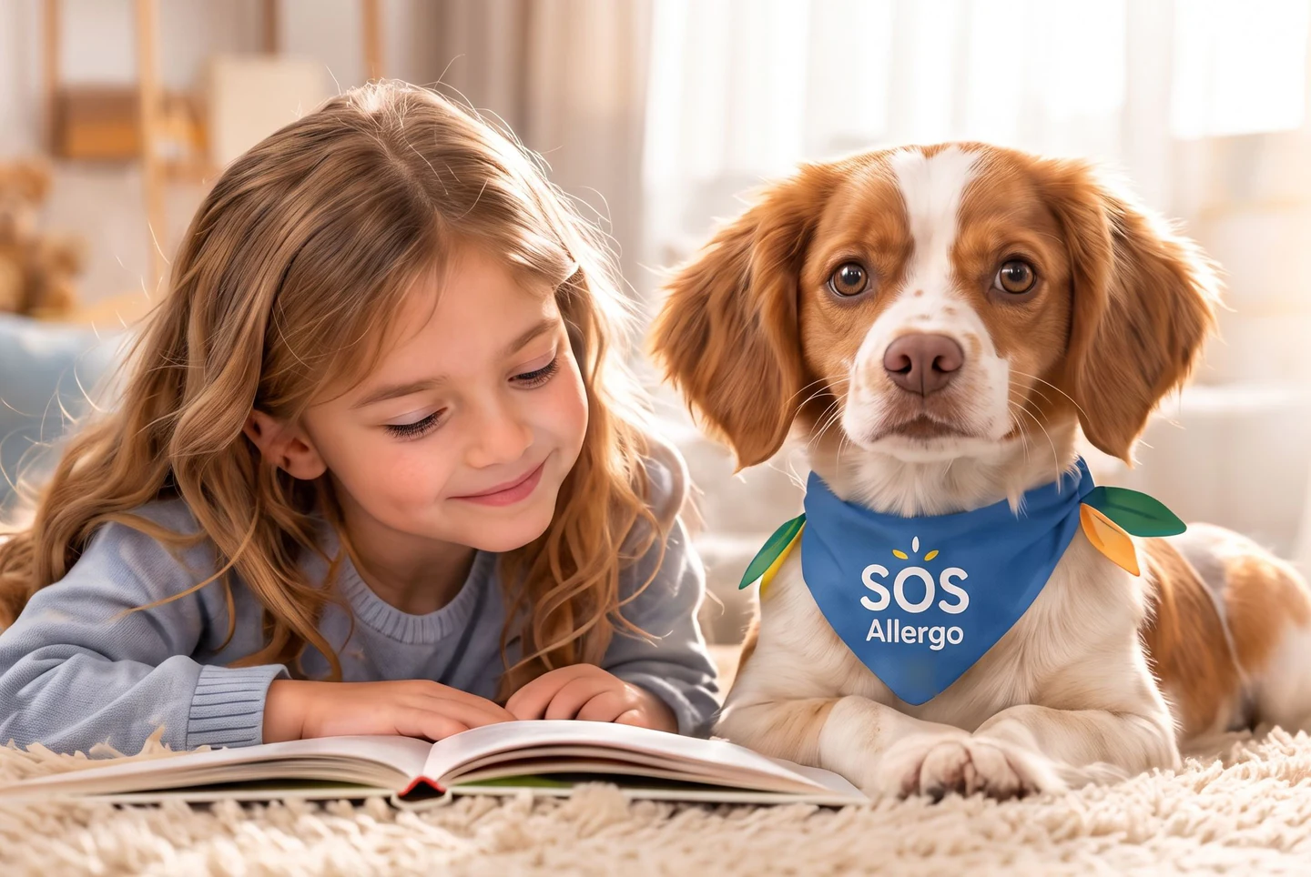 Une jeune fille lit avec Yumi, le jeune chien mascotte de SOS Allergo.