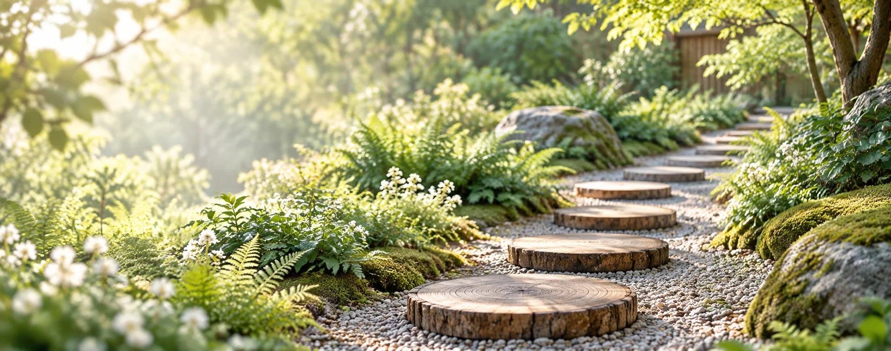 Chemin calme en pas japonais dans un jardin lumineux