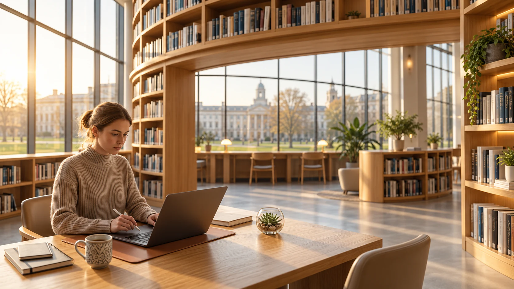 Une femme travaillant sur un ordinateur dans une bibliothèque moderne et lumineuse