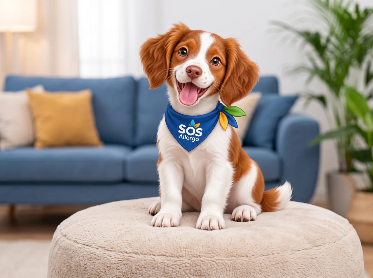 Yumi, le jeune chien mascotte de SOS Allergo, assis avec son bandana bleu.